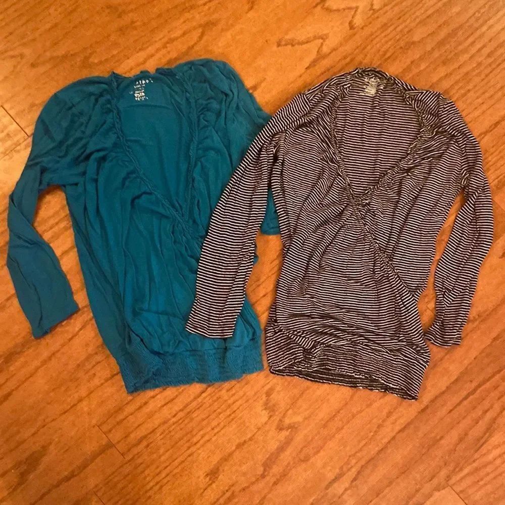 TWO - Motherhood nursing blouses, one teal colored, one black and white striped